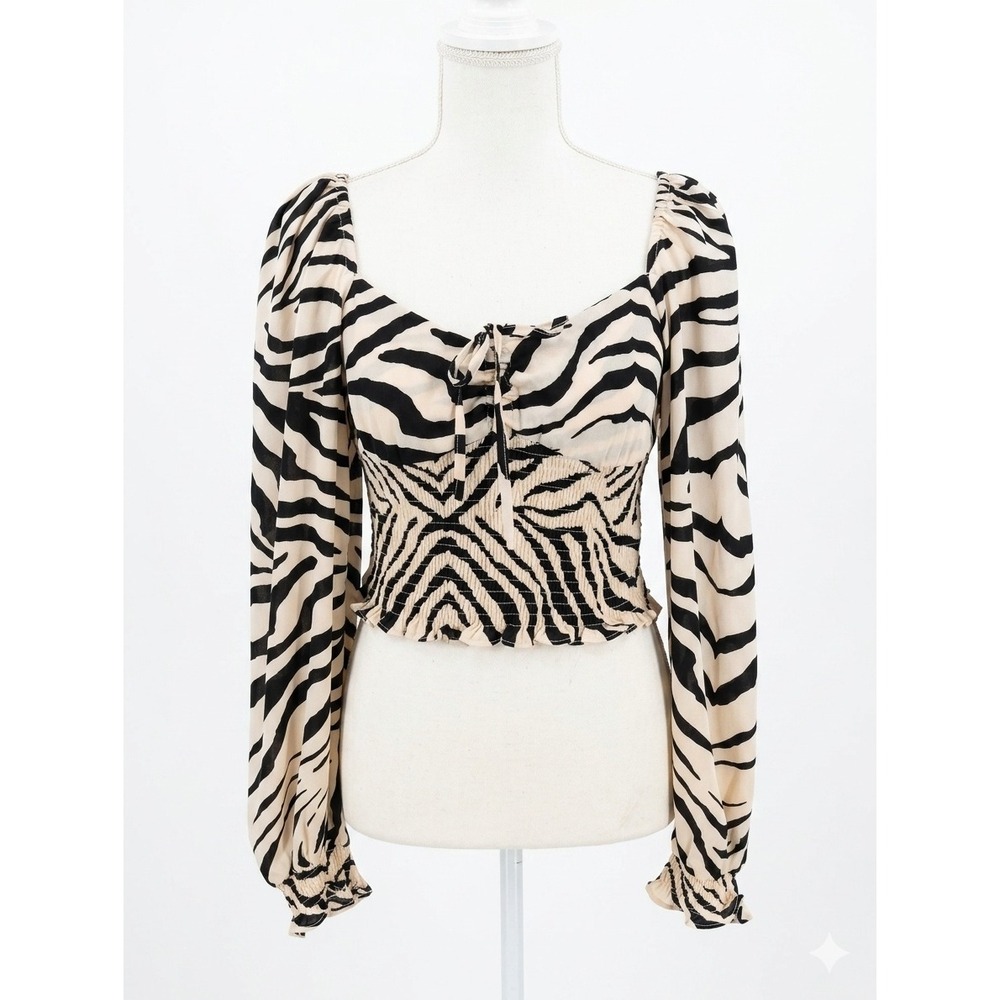 Buddy Love Isabelle Zebra Print Smocked‎ Crop Top Tan Black Blouse CG4146 Small